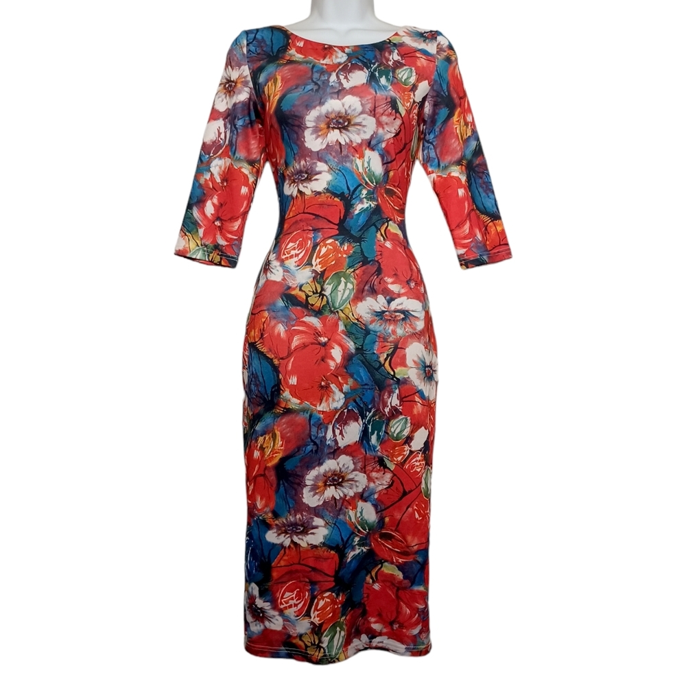 CATWALK STUDIO Dress Colorful Red Blue Floral Print Sheath Midi Medium